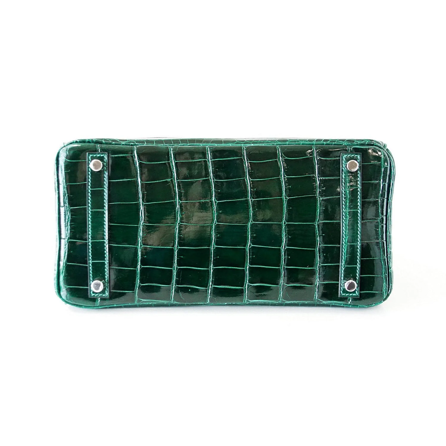 Glossy Rich Emerald Jewel Tone Fine Uniform Scale Embossed Compact Structured Hand Tote With Sleek Silvery Twist Lock Hardware, Matching Suspended Embossed Padlock Charm And Four Base Defensive Metal Studs