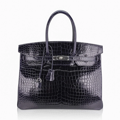 Glossy Deep Navy Fine Compact Scale Embossed Spacious Structured Hand Tote With Cool Silvery Twist Lock Hardware, Matching Suspended Embossed Padlock Charm And Rigid Box Silhouette Frame Crocodile Grain