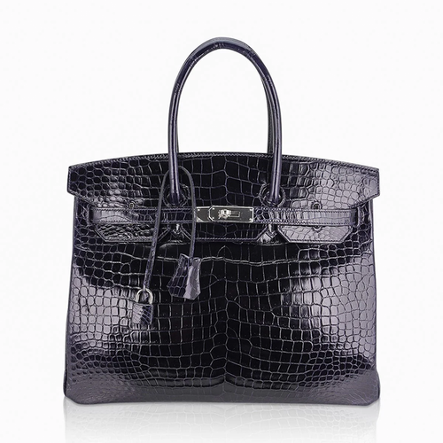 Glossy Deep Navy Fine Compact Scale Embossed Spacious Structured Hand Tote With Cool Silvery Twist Lock Hardware, Matching Suspended Embossed Padlock Charm And Rigid Box Silhouette Frame Crocodile Grain
