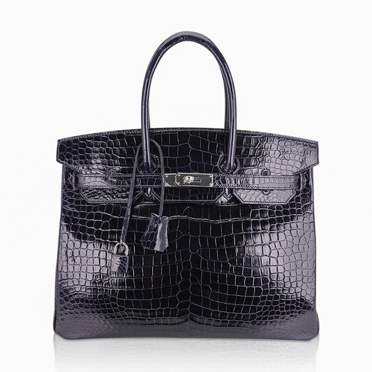 Glossy Deep Navy Fine Compact Scale Embossed Spacious Structured Hand Tote With Cool Silvery Twist Lock Hardware, Matching Suspended Embossed Padlock Charm And Rigid Box Silhouette Frame Crocodile Grain