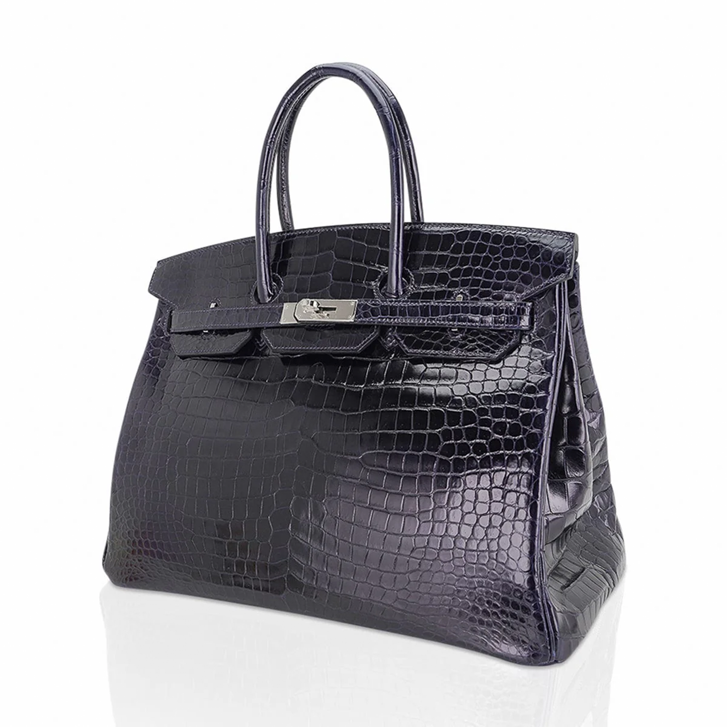 Glossy Deep Navy Fine Compact Scale Embossed Spacious Structured Hand Tote With Cool Silvery Twist Lock Hardware, Matching Suspended Embossed Padlock Charm And Rigid Box Silhouette Frame Crocodile Grain