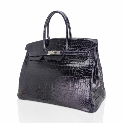 Glossy Deep Navy Fine Compact Scale Embossed Spacious Structured Hand Tote With Cool Silvery Twist Lock Hardware, Matching Suspended Embossed Padlock Charm And Rigid Box Silhouette Frame Crocodile Grain