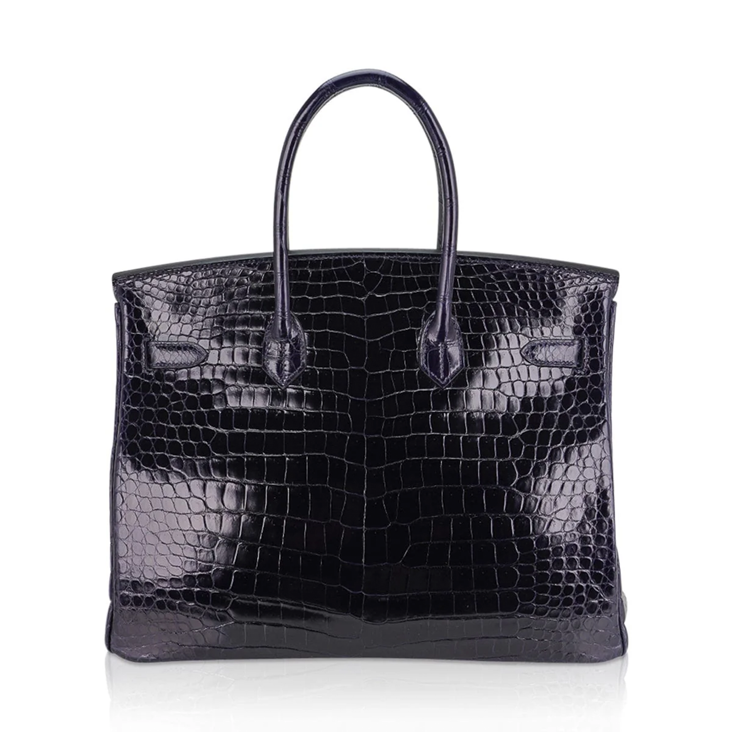 Glossy Deep Navy Fine Compact Scale Embossed Spacious Structured Hand Tote With Cool Silvery Twist Lock Hardware, Matching Suspended Embossed Padlock Charm And Rigid Box Silhouette Frame Crocodile Grain