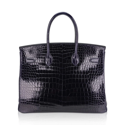 Glossy Deep Navy Fine Compact Scale Embossed Spacious Structured Hand Tote With Cool Silvery Twist Lock Hardware, Matching Suspended Embossed Padlock Charm And Rigid Box Silhouette Frame Crocodile Grain