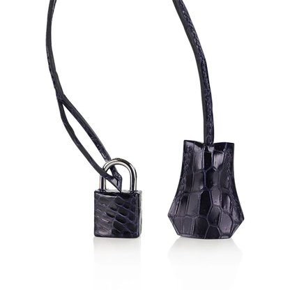 Glossy Deep Navy Fine Compact Scale Embossed Spacious Structured Hand Tote With Cool Silvery Twist Lock Hardware, Matching Suspended Embossed Padlock Charm And Rigid Box Silhouette Frame Crocodile Grain
