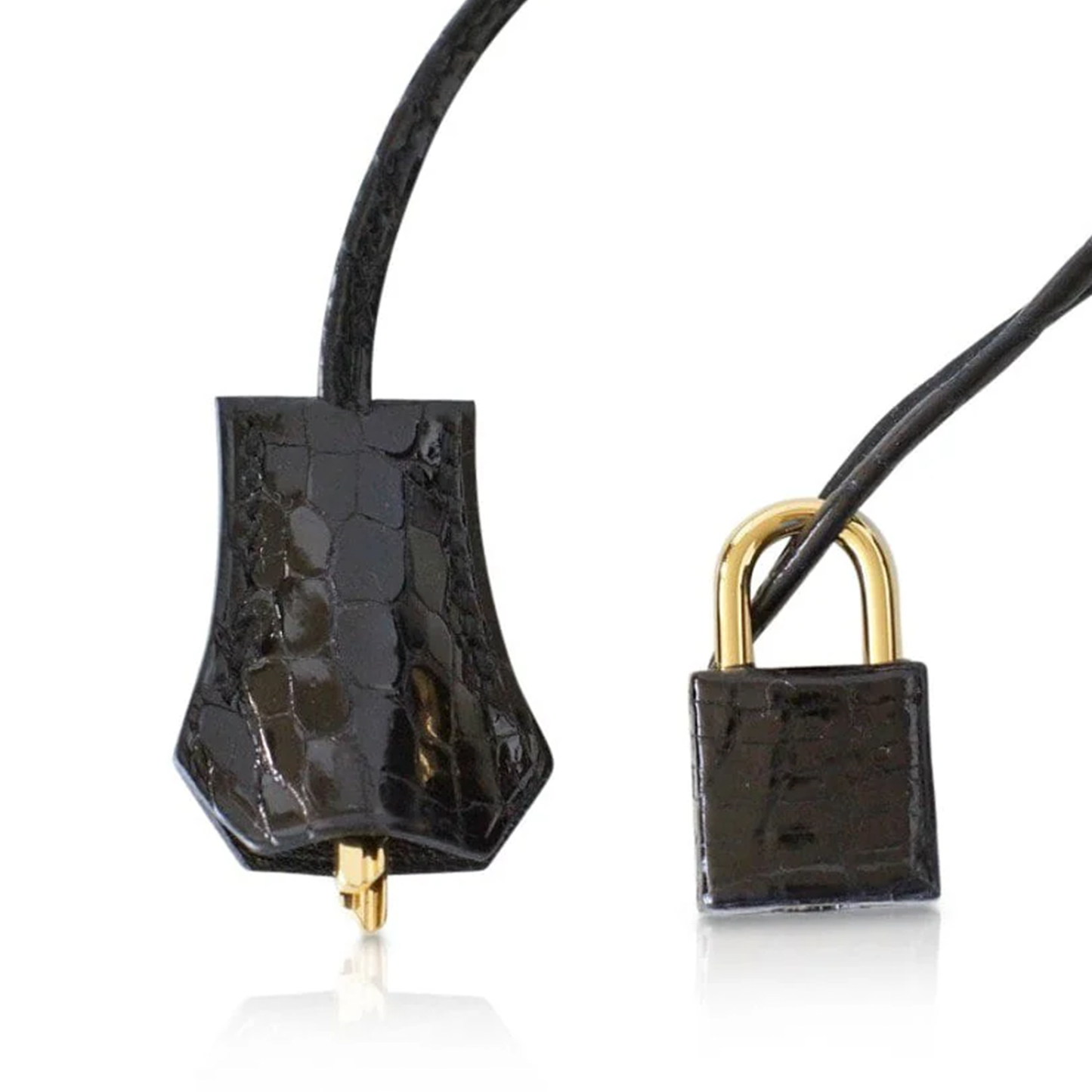 Glossy Jet Black Delicate Compact Scale Embossed Roomy Structured Hand Tote With Warm Golden Twist Lock Hardware, Matching Suspended Embossed Padlock Charm And Base Defensive Metal Studs