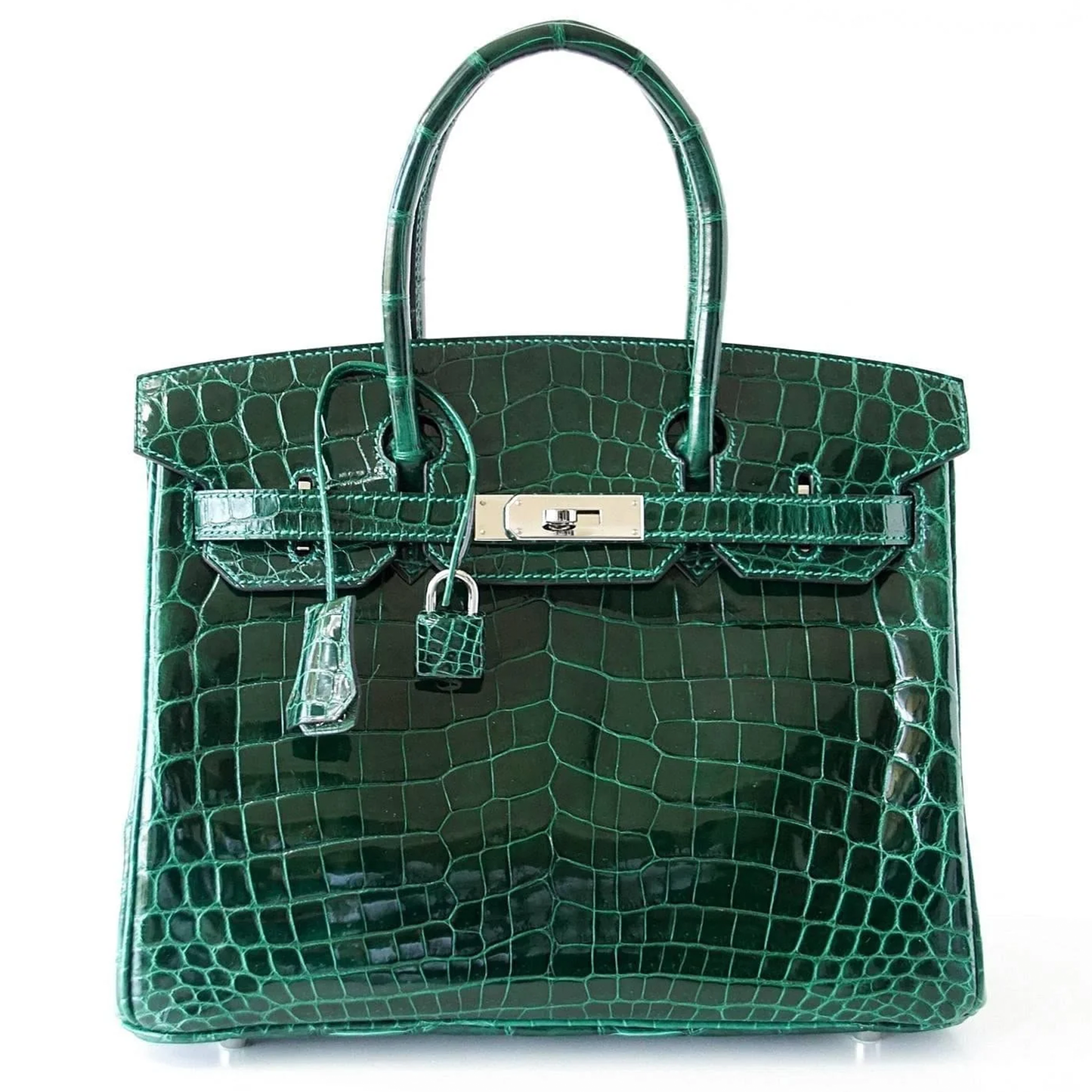 Glossy Rich Emerald Jewel Tone Fine Uniform Scale Embossed Compact Structured Hand Tote With Sleek Silvery Twist Lock Hardware, Matching Suspended Embossed Padlock Charm And Four Base Defensive Metal Studs