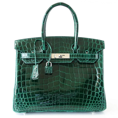 Glossy Rich Emerald Jewel Tone Fine Uniform Scale Embossed Compact Structured Hand Tote With Sleek Silvery Twist Lock Hardware, Matching Suspended Embossed Padlock Charm And Four Base Defensive Metal Studs