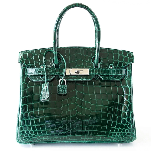 Glossy Rich Emerald Jewel Tone Fine Uniform Scale Embossed Compact Structured Hand Tote With Sleek Silvery Twist Lock Hardware, Matching Suspended Embossed Padlock Charm And Four Base Defensive Metal Studs