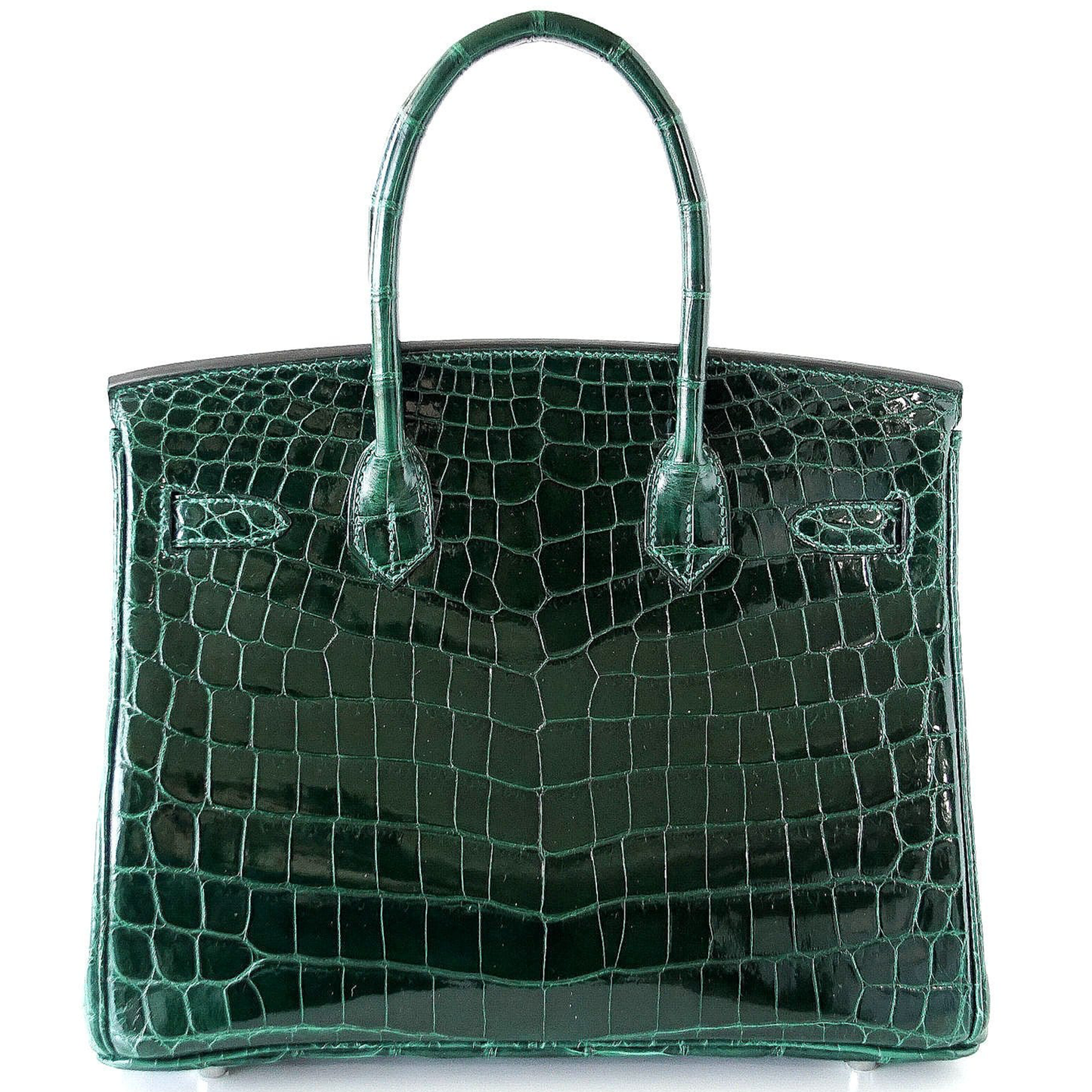 Glossy Rich Emerald Jewel Tone Fine Uniform Scale Embossed Compact Structured Hand Tote With Sleek Silvery Twist Lock Hardware, Matching Suspended Embossed Padlock Charm And Four Base Defensive Metal Studs