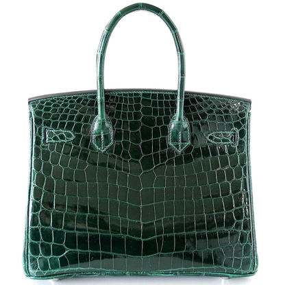 Glossy Rich Emerald Jewel Tone Fine Uniform Scale Embossed Compact Structured Hand Tote With Sleek Silvery Twist Lock Hardware, Matching Suspended Embossed Padlock Charm And Four Base Defensive Metal Studs