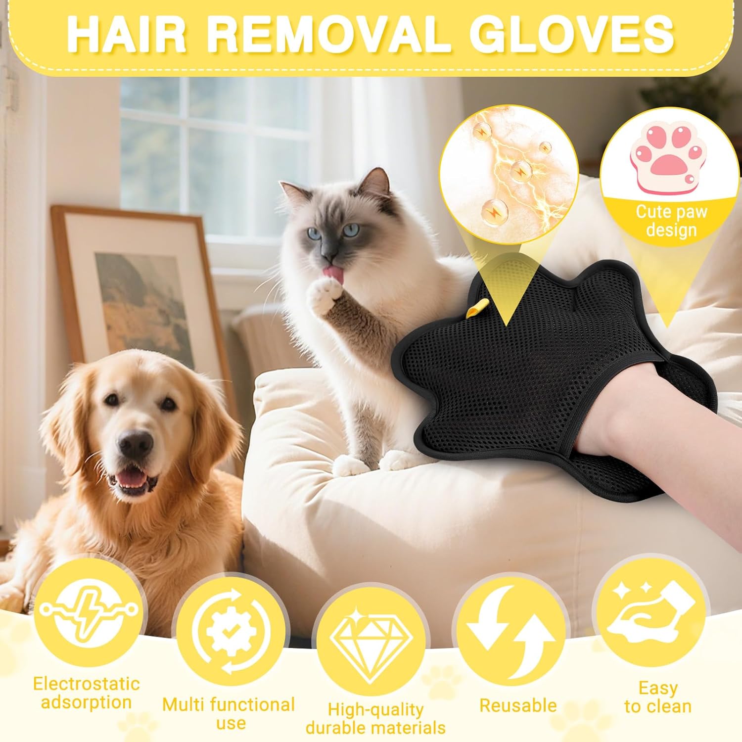 Pet Hair Removal Glove for Cats and Dogs,Cute Paw Design,Upgrade Reusable Electrostatic Magic Brush Pet Hair Removal Grooming Gloves Tool for Furniture, Bed